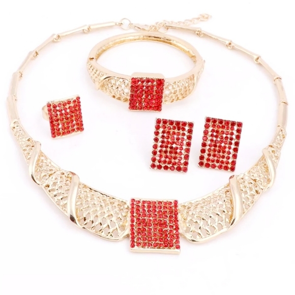 18k gold plated red crystal Necklace earrings bracelet ring set - Picture 9 of 14